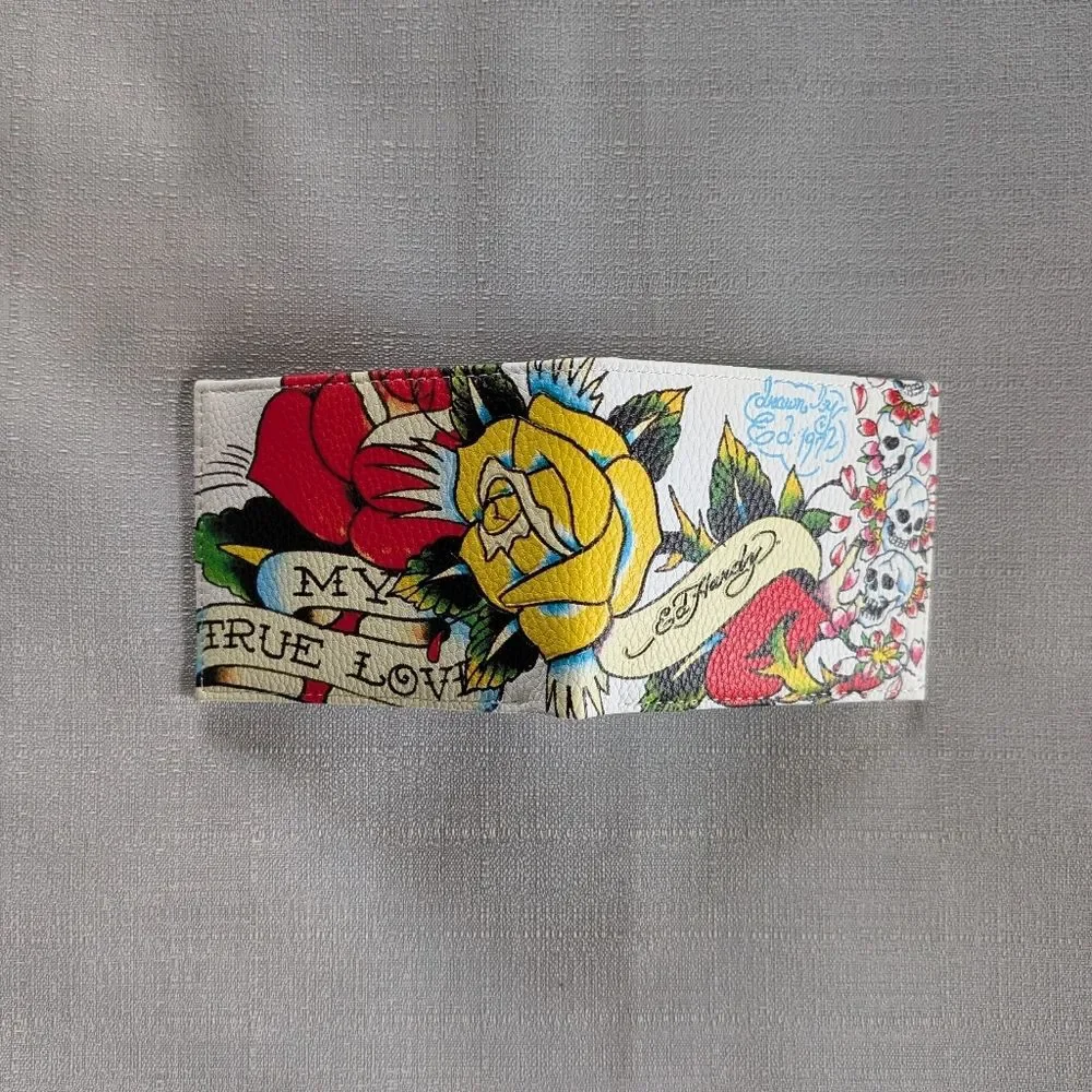 Ed Hardy Skull And Rose Tattoo Print Faux Leather Wallet NEW!